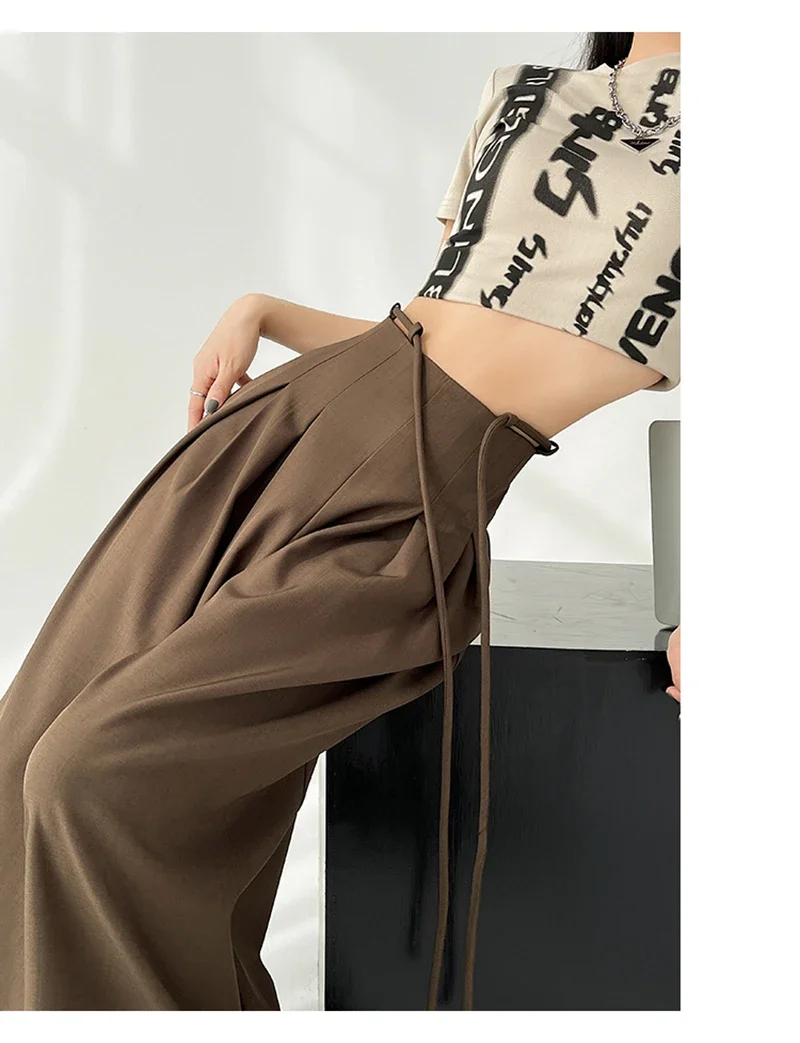 Streetwear Wide Leg Pants Women Korean Black High Waist Suit Pants Summer Fashion Elegant Lace Up Straight Trousers New