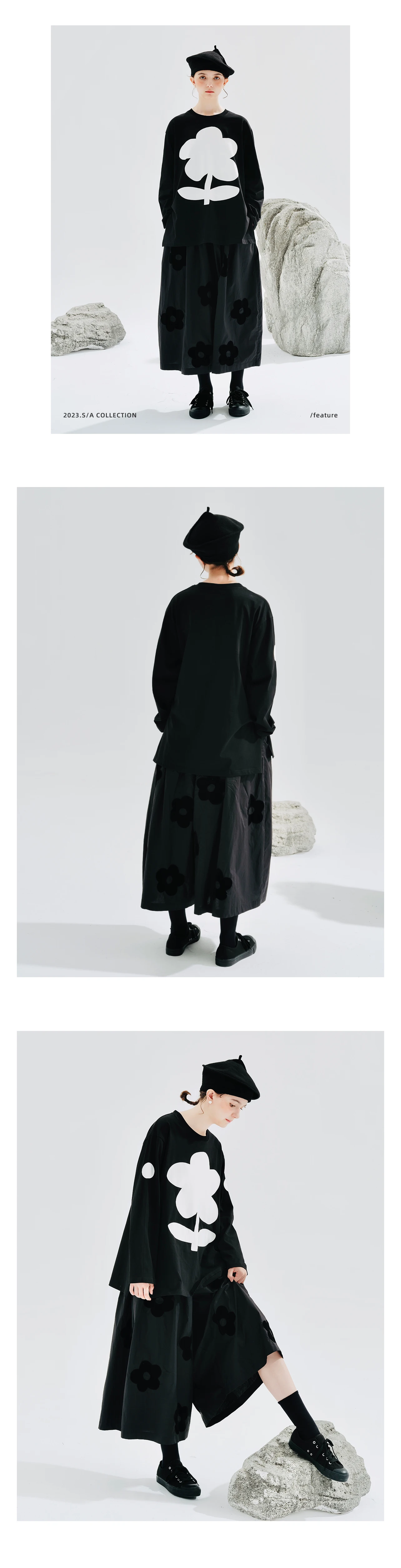 imakokoni 2025 autumn new original design pure cotton flowers black thigh pants culottes women 234234