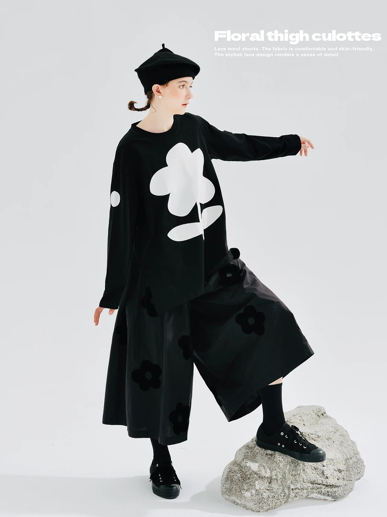 imakokoni 2025 autumn new original design pure cotton flowers black thigh pants culottes women 234234