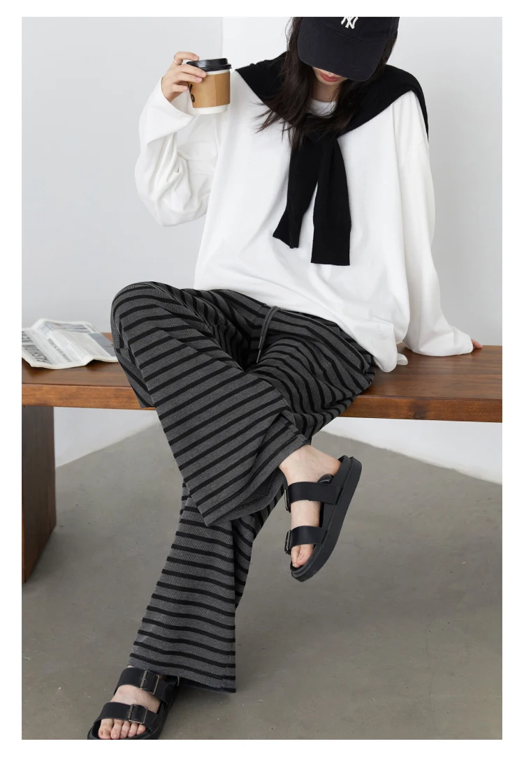 CHIC VEN Women Trousers Loose Casual Striped Wide Leg Pants Hanging Straight Casual Trousers Spring Autumn Women 2025