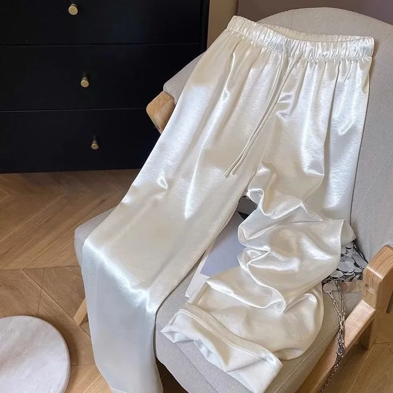 Satin Wide Leg Pants for Women Summer High Waist Drawstring Loose Casual Pants Fashion Simple All-match Straight Long Trousers