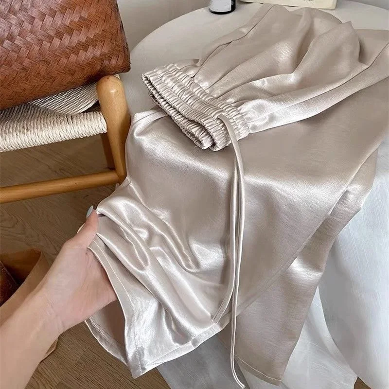 Satin Wide Leg Pants for Women Summer High Waist Drawstring Loose Casual Pants Fashion Simple All-match Straight Long Trousers