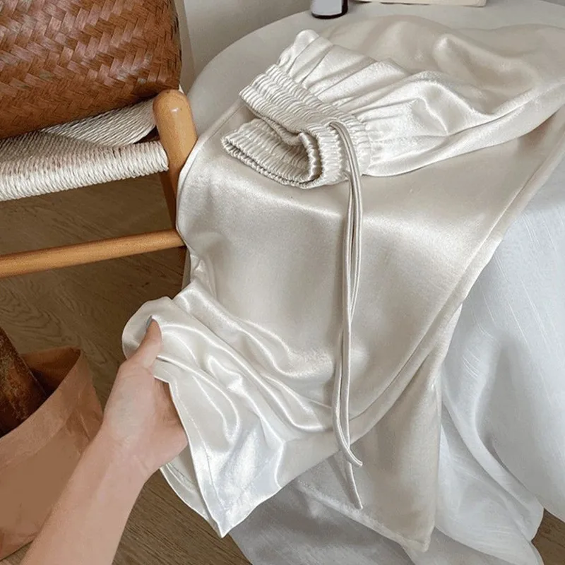Satin Wide Leg Pants for Women Summer High Waist Drawstring Loose Casual Pants Fashion Simple All-match Straight Long Trousers
