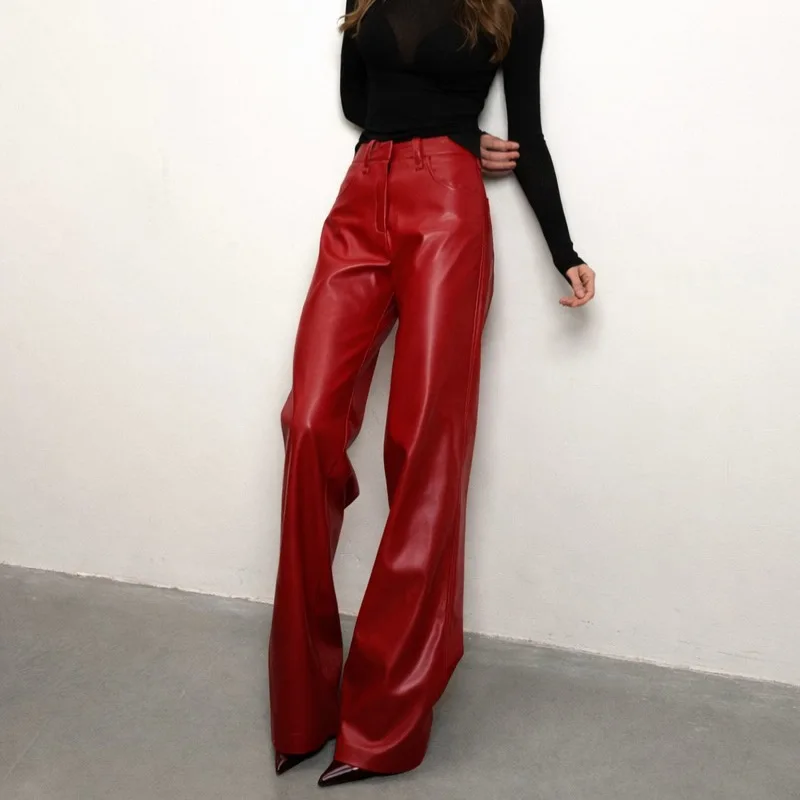 Red Leather Casual Trousers Women's Wide Leg Pants Pockets Trouser Summer Street Wear Browm Black Burgundy Autumn Fall 2026 New