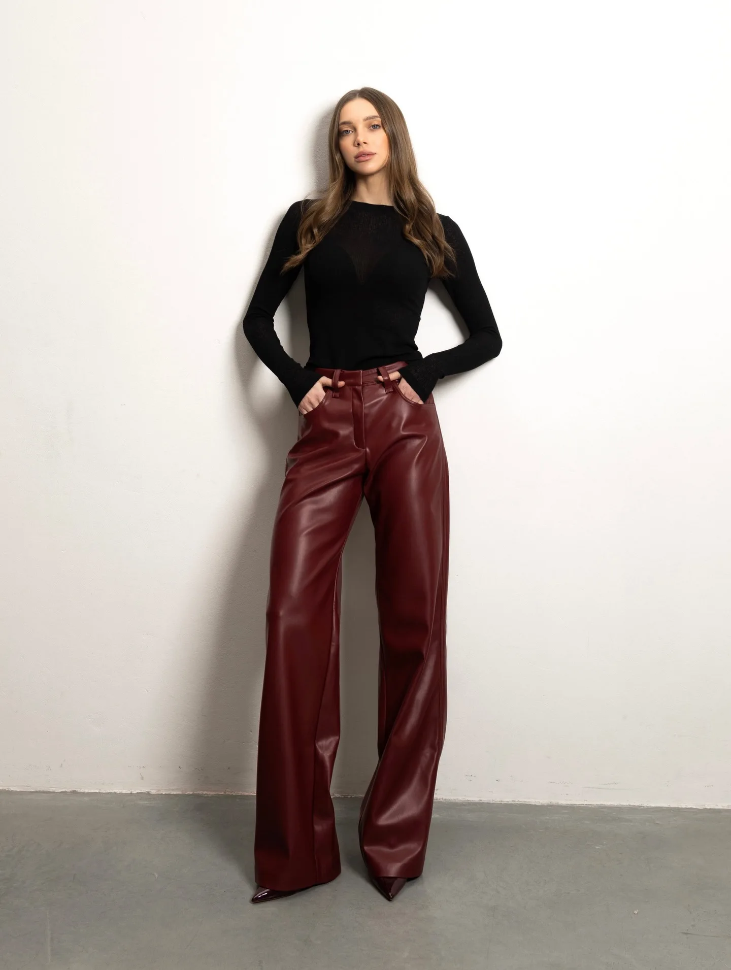 Red Leather Casual Trousers Women's Wide Leg Pants Pockets Trouser Summer Street Wear Browm Black Burgundy Autumn Fall 2026 New