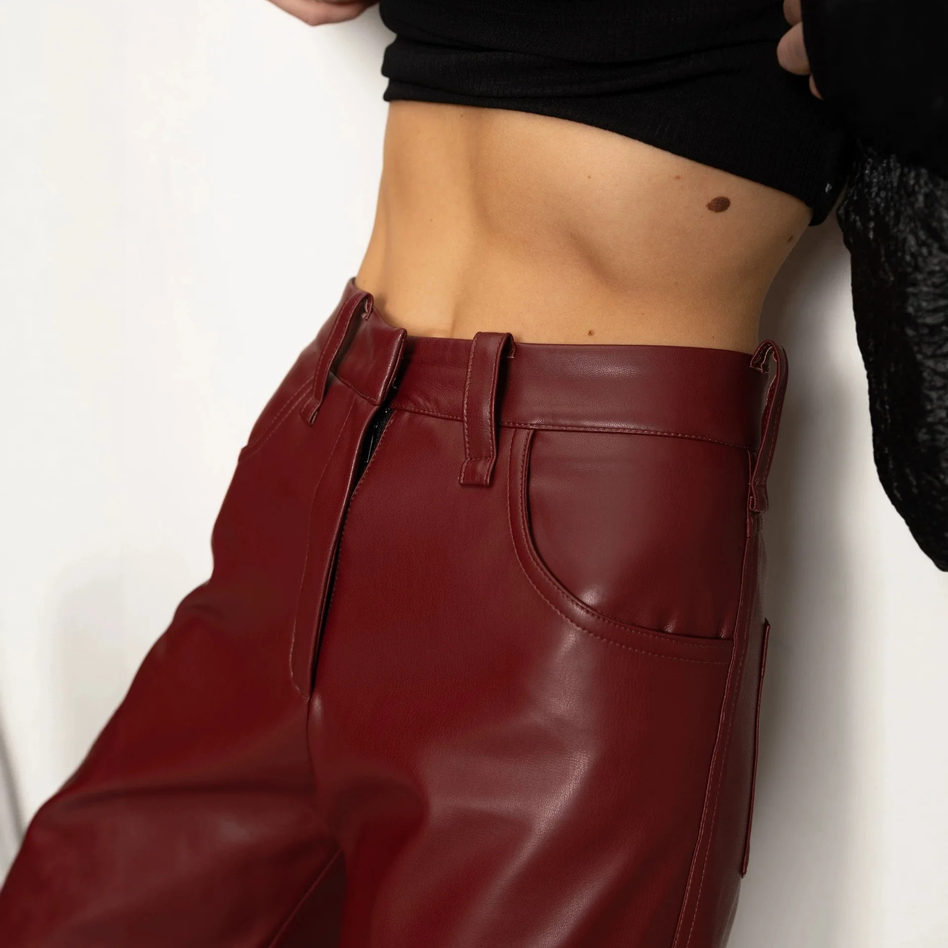 Red Leather Casual Trousers Women's Wide Leg Pants Pockets Trouser Summer Street Wear Browm Black Burgundy Autumn Fall 2026 New