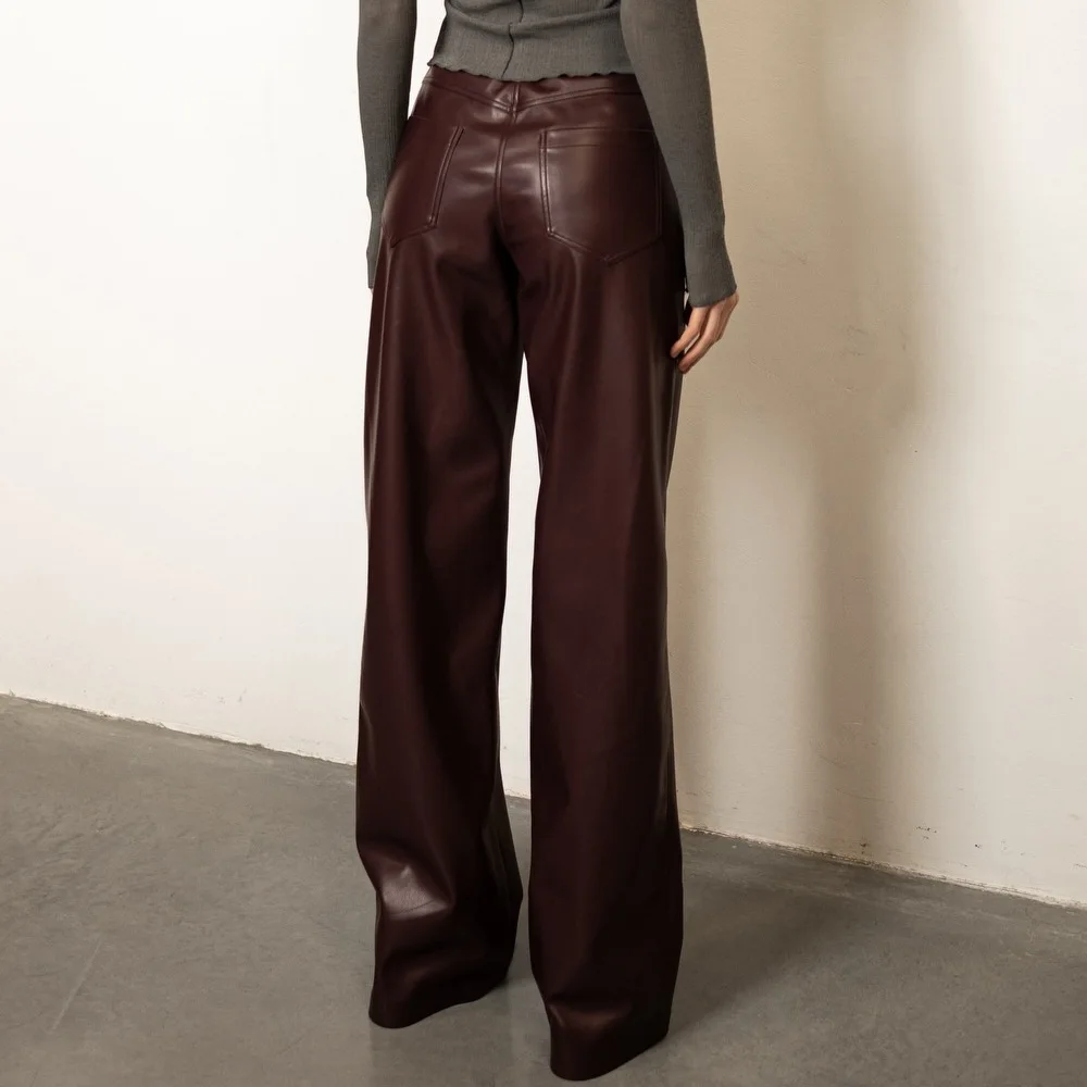 Red Leather Casual Trousers Women's Wide Leg Pants Pockets Trouser Summer Street Wear Browm Black Burgundy Autumn Fall 2026 New