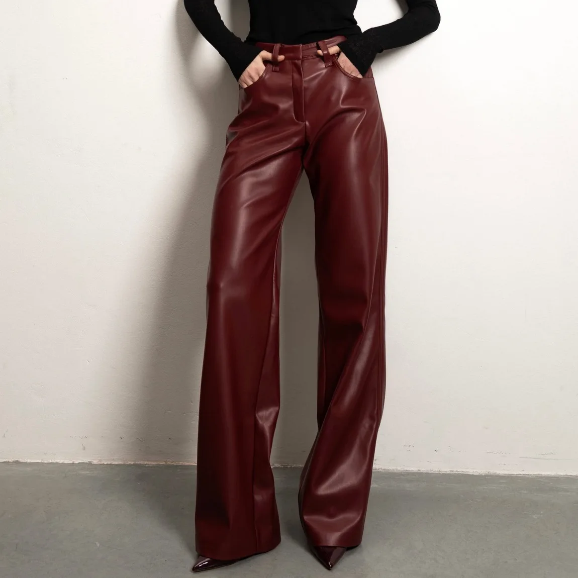 Red Leather Casual Trousers Women's Wide Leg Pants Pockets Trouser Summer Street Wear Browm Black Burgundy Autumn Fall 2026 New