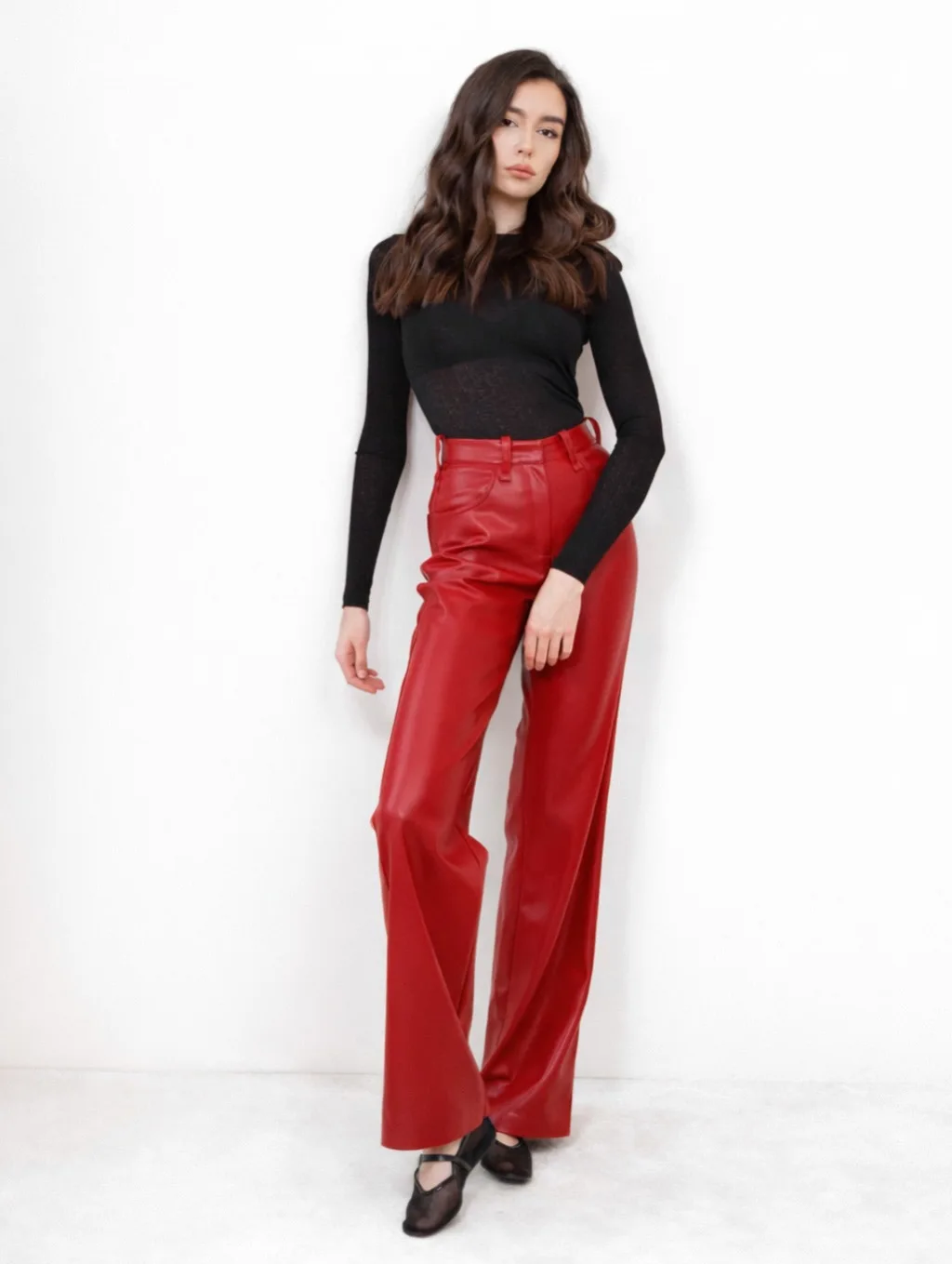 Red Leather Casual Trousers Women's Wide Leg Pants Pockets Trouser Summer Street Wear Browm Black Burgundy Autumn Fall 2026 New