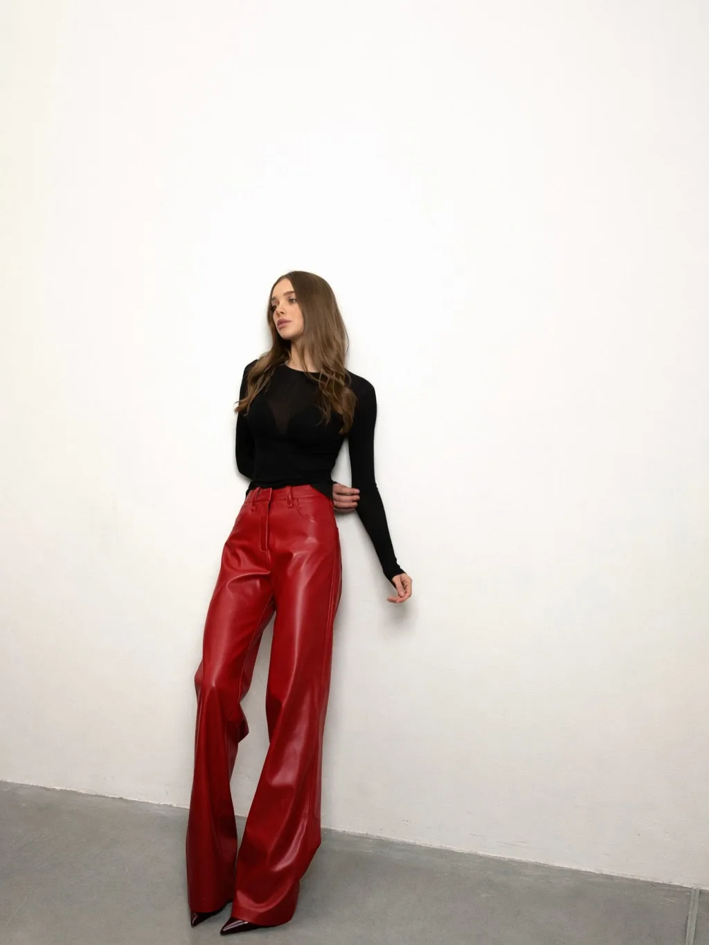 Red Leather Casual Trousers Women's Wide Leg Pants Pockets Trouser Summer Street Wear Browm Black Burgundy Autumn Fall 2026 New
