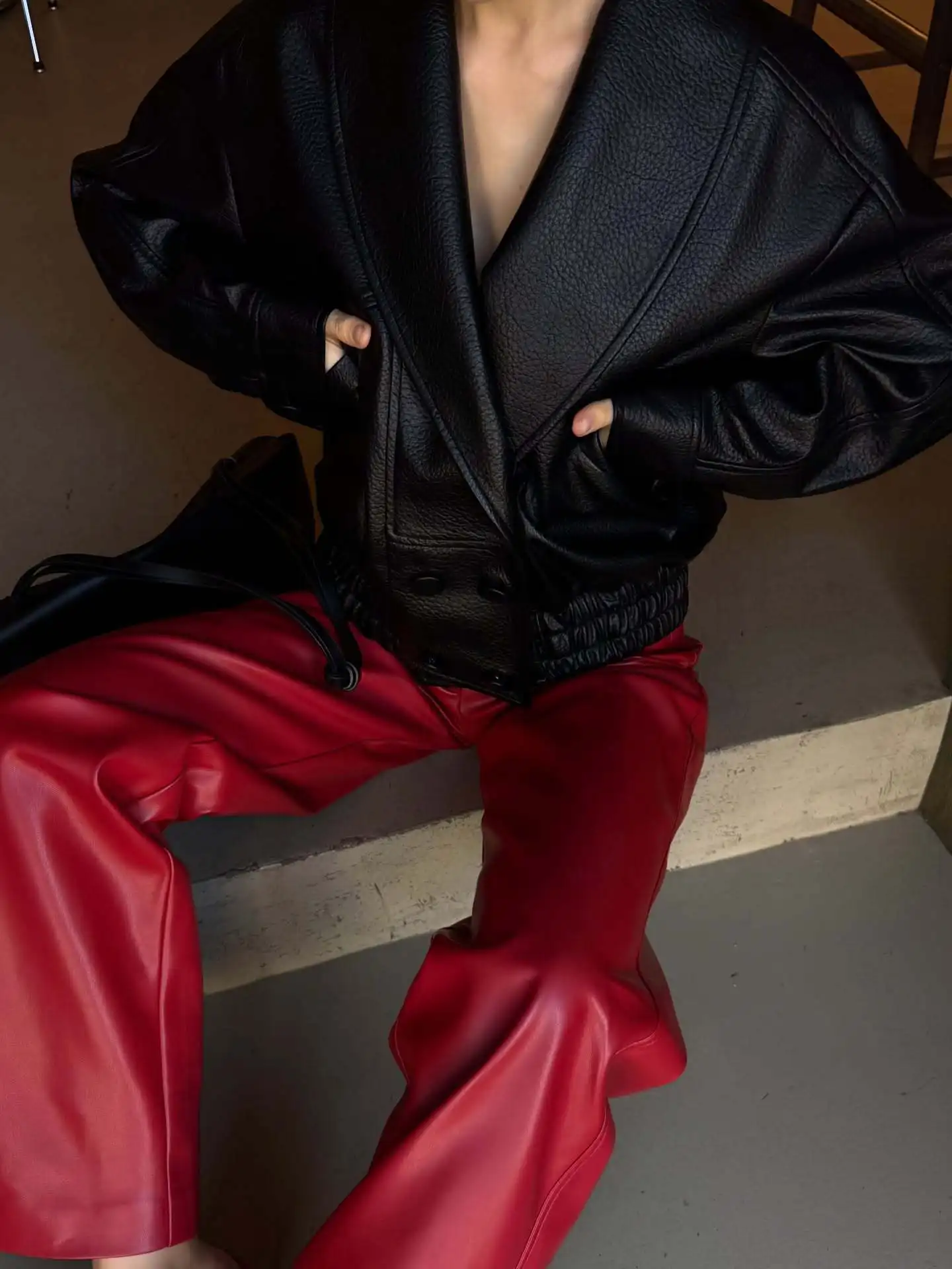Red Leather Casual Trousers Women's Wide Leg Pants Pockets Trouser Summer Street Wear Browm Black Burgundy Autumn Fall 2026 New