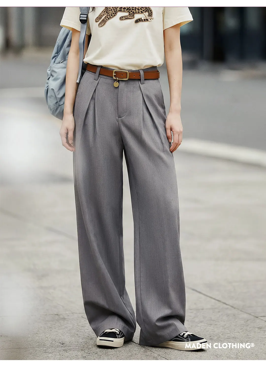 Maden 2026 New Vintage Old Money Grey Suit Pants Women Loose Wide Leg Pleated Straight Thin Draped Summer Formal Trousers Office