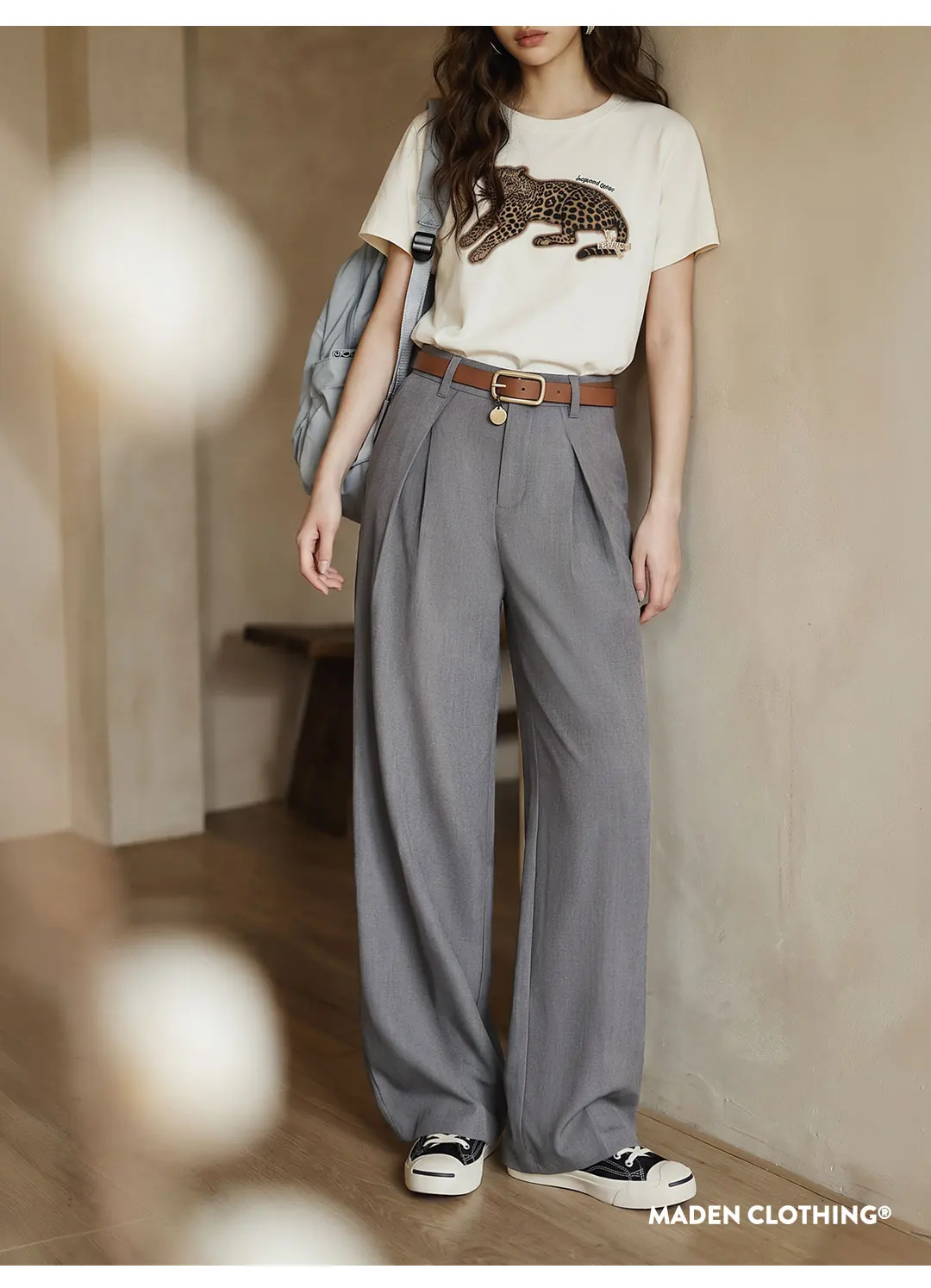 Maden 2026 New Vintage Old Money Grey Suit Pants Women Loose Wide Leg Pleated Straight Thin Draped Summer Formal Trousers Office
