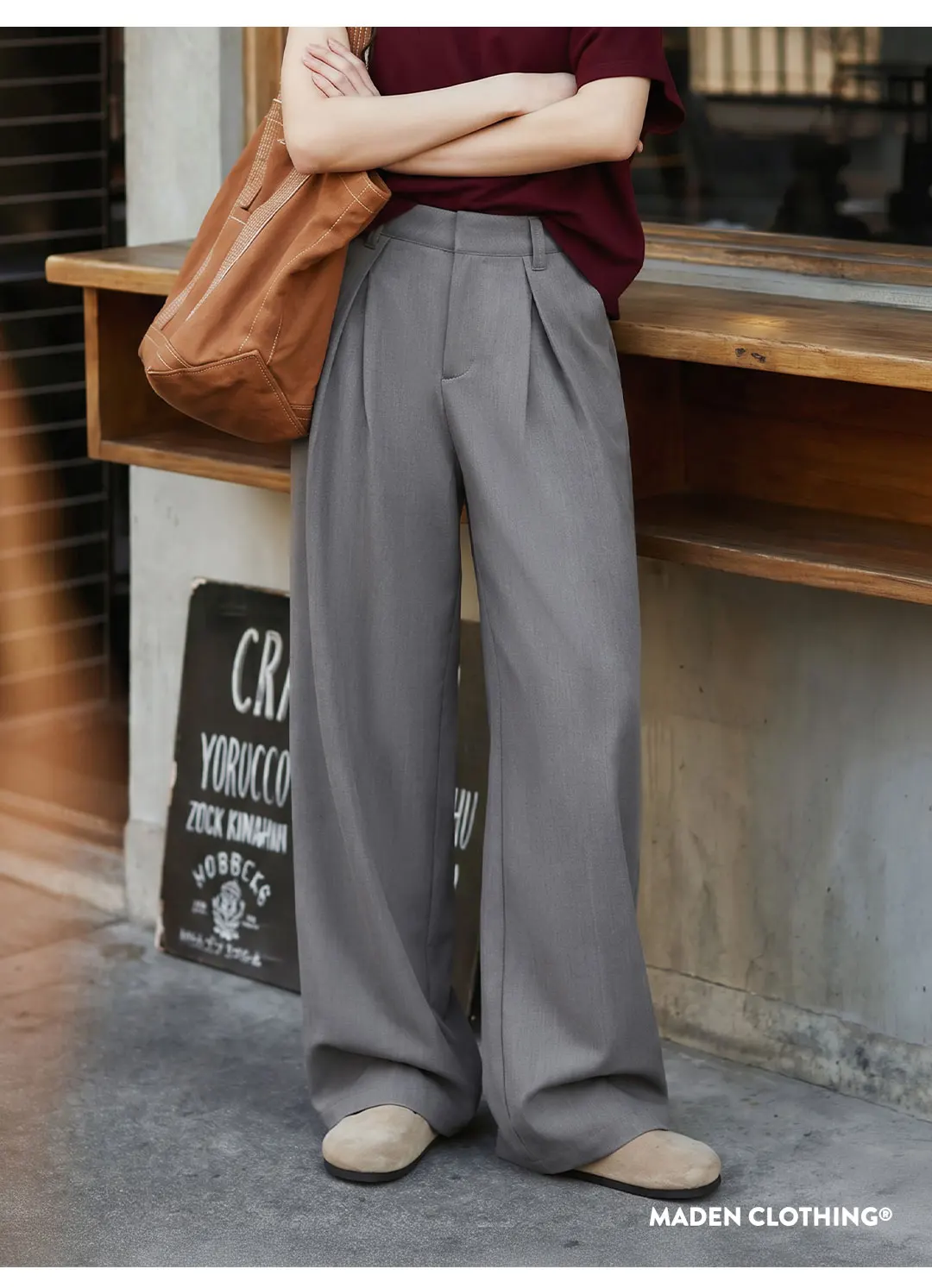 Maden 2026 New Vintage Old Money Grey Suit Pants Women Loose Wide Leg Pleated Straight Thin Draped Summer Formal Trousers Office