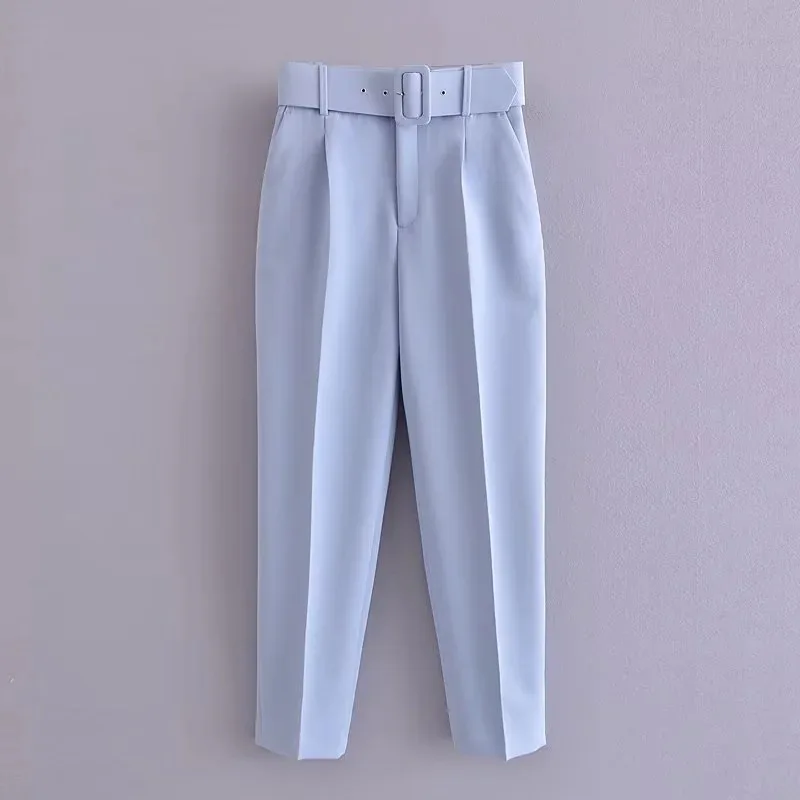 New In Women's Buttons 2026 Spring Autumn High Waist Casual Yellow Pants With Belt