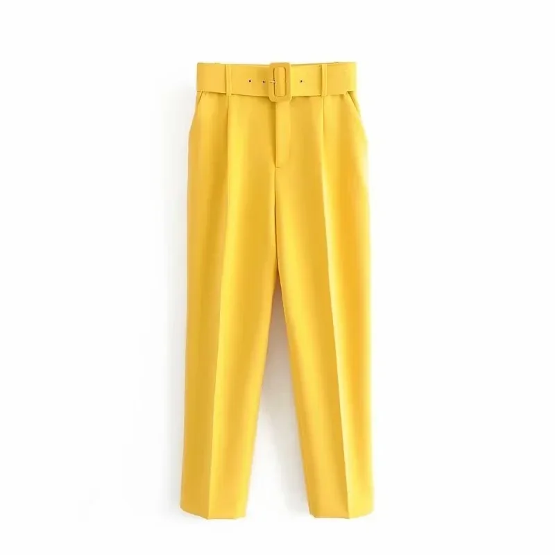 New In Women's Buttons 2026 Spring Autumn High Waist Casual Yellow Pants With Belt