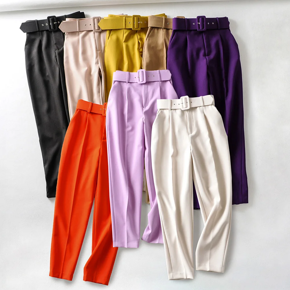 New In Women's Buttons 2026 Spring Autumn High Waist Casual Yellow Pants With Belt