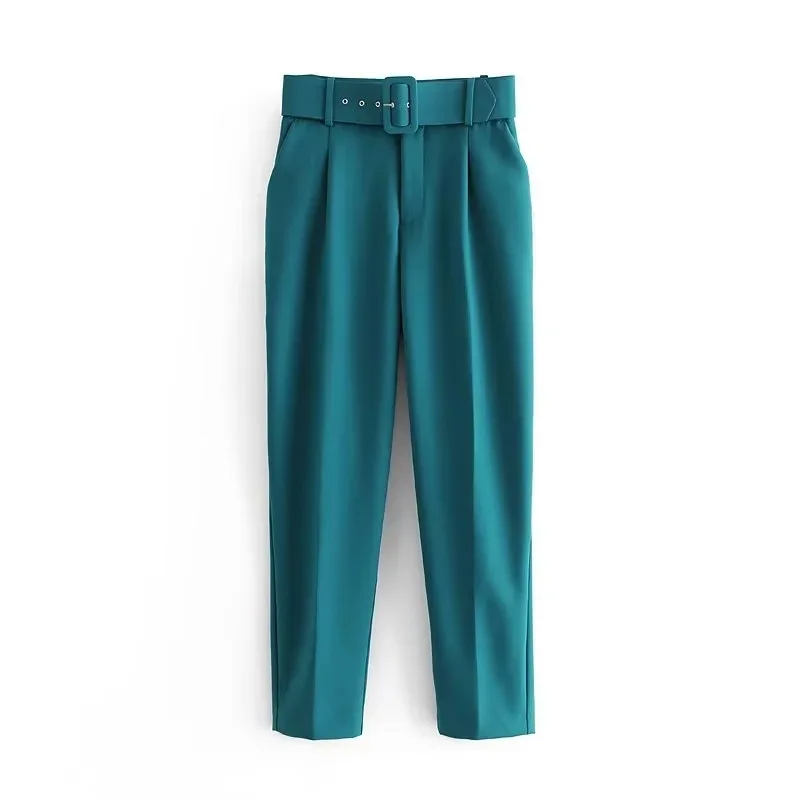 New In Women's Buttons 2026 Spring Autumn High Waist Casual Yellow Pants With Belt
