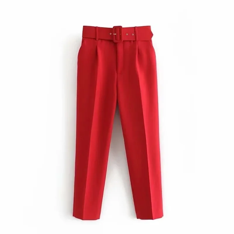 New In Women's Buttons 2026 Spring Autumn High Waist Casual Yellow Pants With Belt