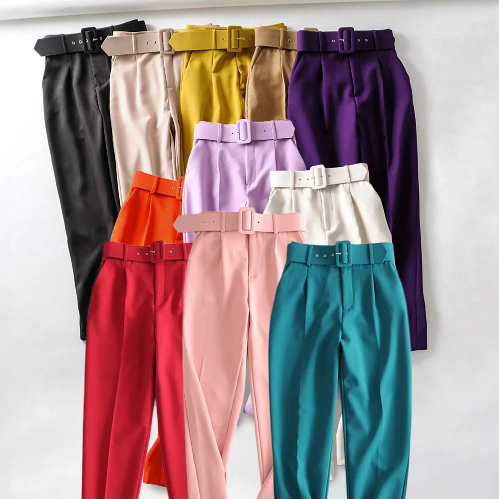 New In Women's Buttons 2026 Spring Autumn High Waist Casual Yellow Pants With Belt