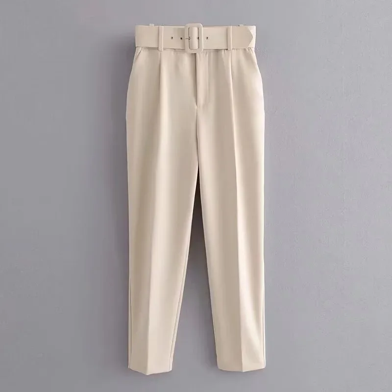 New In Women's Buttons 2026 Spring Autumn High Waist Casual Yellow Pants With Belt