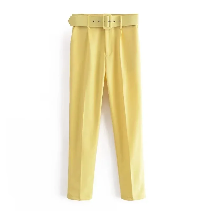 New In Women's Buttons 2026 Spring Autumn High Waist Casual Yellow Pants With Belt