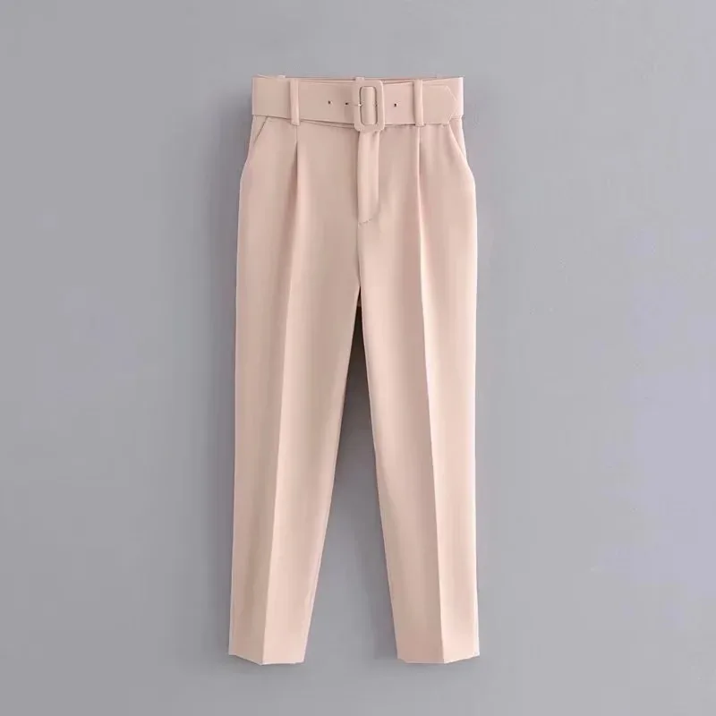 New In Women's Buttons 2026 Spring Autumn High Waist Casual Yellow Pants With Belt