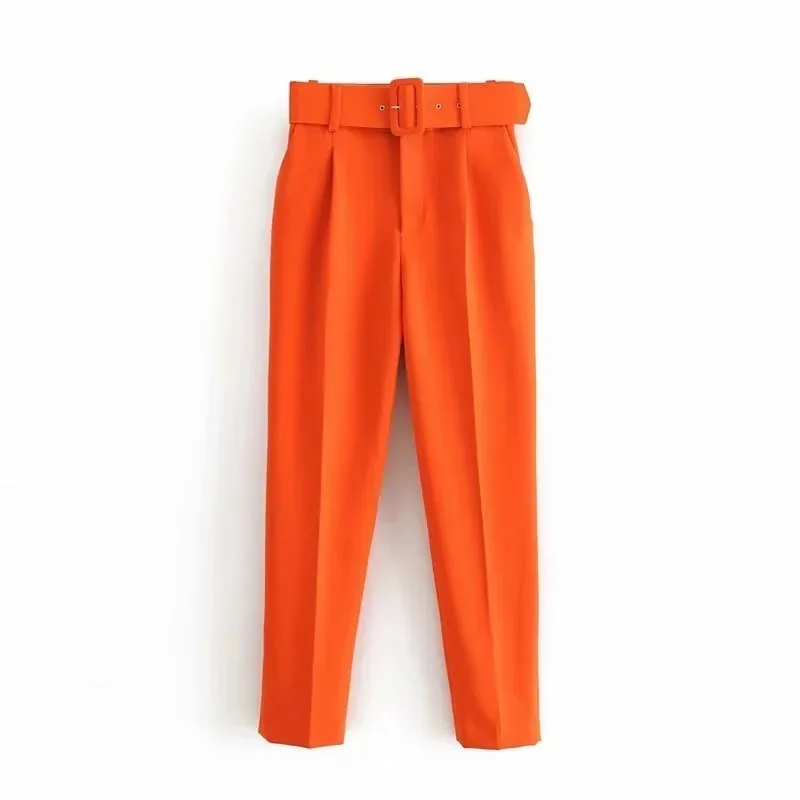 New In Women's Buttons 2026 Spring Autumn High Waist Casual Yellow Pants With Belt