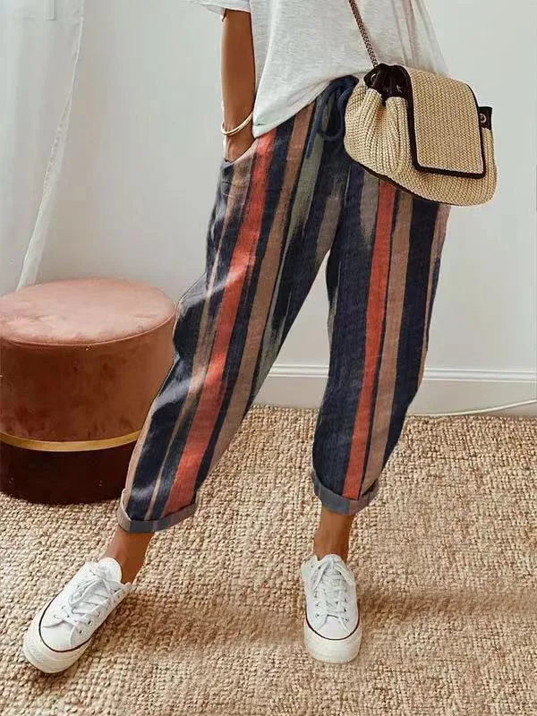 Women Summer Spring Midi Cotton Line Ruffles Vintage Big Large Plus Sizes Casual Party Fashion Loose Strip Pocket Pant