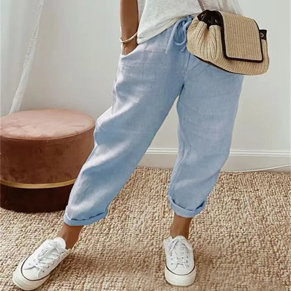 Women Summer Spring Midi Cotton Line Ruffles Vintage Big Large Plus Sizes Casual Party Fashion Loose Strip Pocket Pant