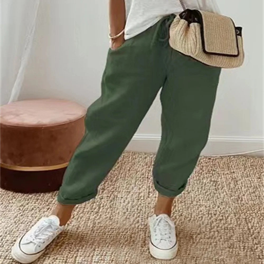 Women Summer Spring Midi Cotton Line Ruffles Vintage Big Large Plus Sizes Casual Party Fashion Loose Strip Pocket Pant