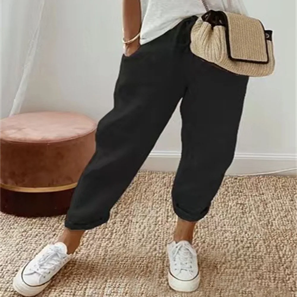 Women Summer Spring Midi Cotton Line Ruffles Vintage Big Large Plus Sizes Casual Party Fashion Loose Strip Pocket Pant