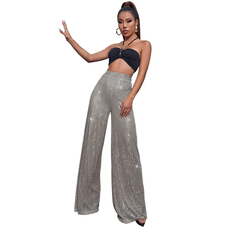 Women High Waist Sequin Sparkle Flared Pants Casual Loose Wide Leg Bell Bottom Trousers Glitter Bling Clubwear Party Shiny Pants