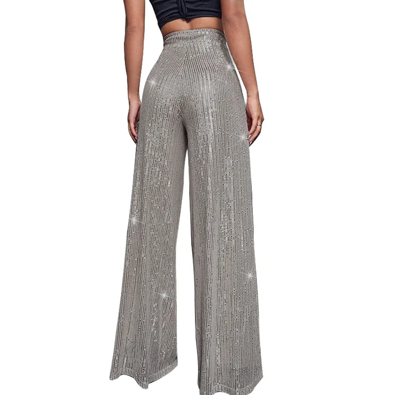 Women High Waist Sequin Sparkle Flared Pants Casual Loose Wide Leg Bell Bottom Trousers Glitter Bling Clubwear Party Shiny Pants
