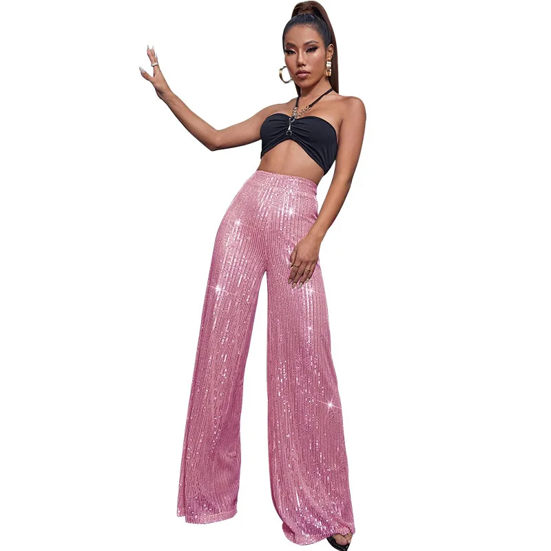 Women High Waist Sequin Sparkle Flared Pants Casual Loose Wide Leg Bell Bottom Trousers Glitter Bling Clubwear Party Shiny Pants