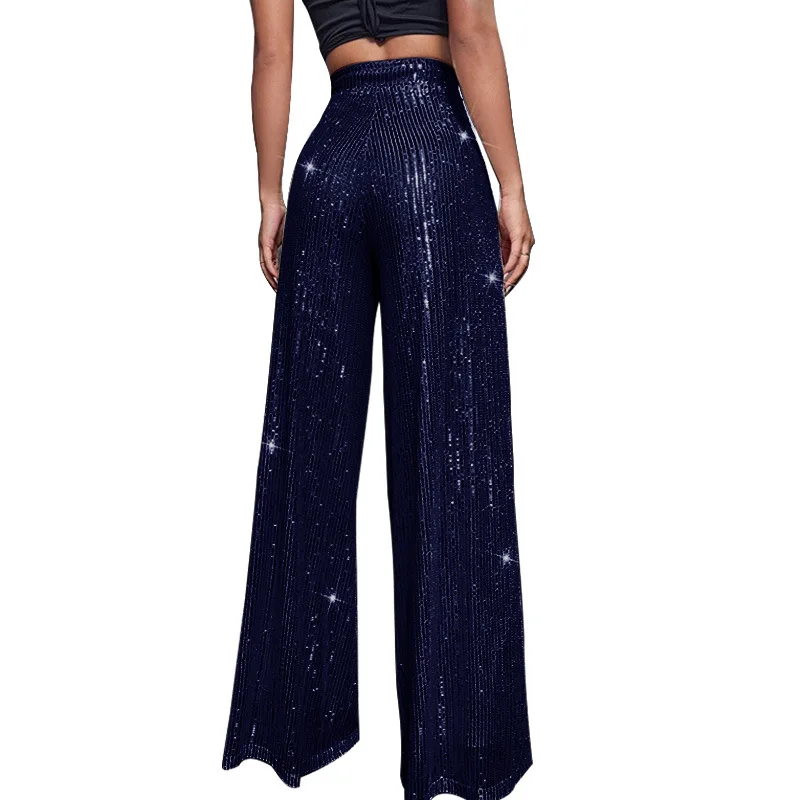 Women High Waist Sequin Sparkle Flared Pants Casual Loose Wide Leg Bell Bottom Trousers Glitter Bling Clubwear Party Shiny Pants
