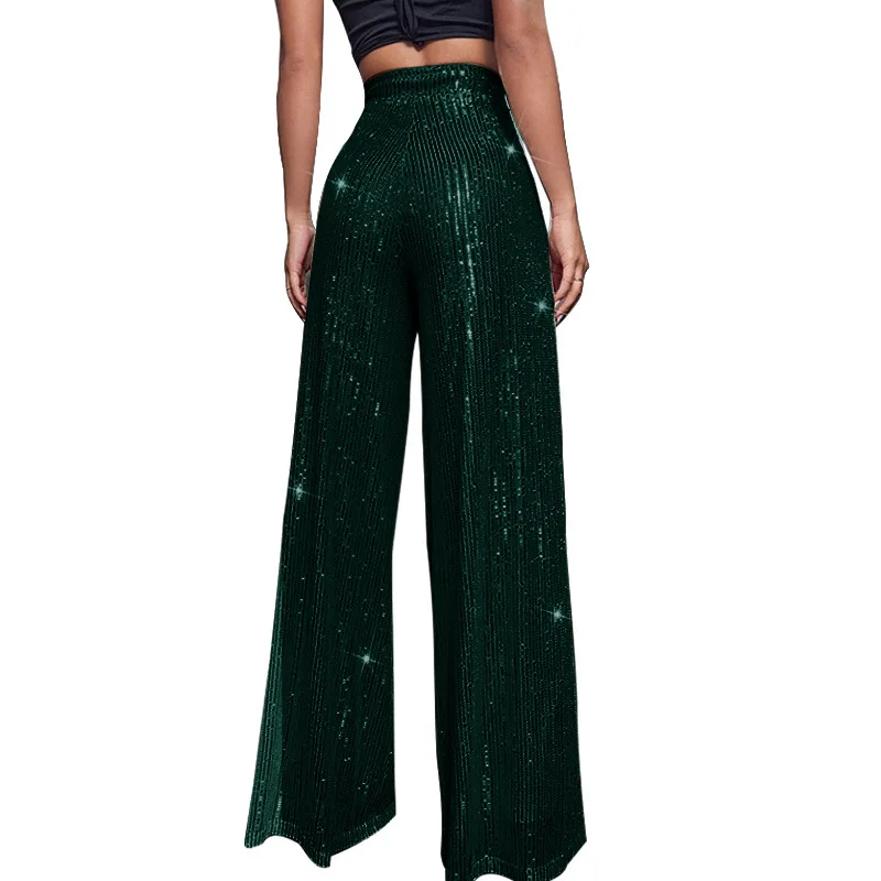 Women High Waist Sequin Sparkle Flared Pants Casual Loose Wide Leg Bell Bottom Trousers Glitter Bling Clubwear Party Shiny Pants