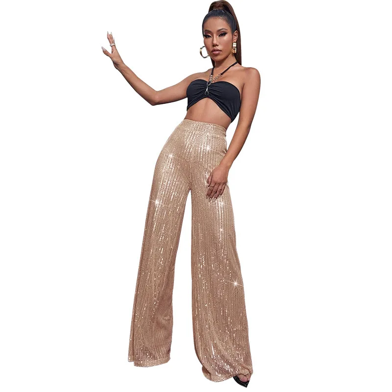 Women High Waist Sequin Sparkle Flared Pants Casual Loose Wide Leg Bell Bottom Trousers Glitter Bling Clubwear Party Shiny Pants