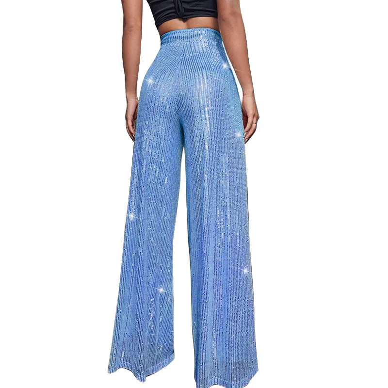 Women High Waist Sequin Sparkle Flared Pants Casual Loose Wide Leg Bell Bottom Trousers Glitter Bling Clubwear Party Shiny Pants