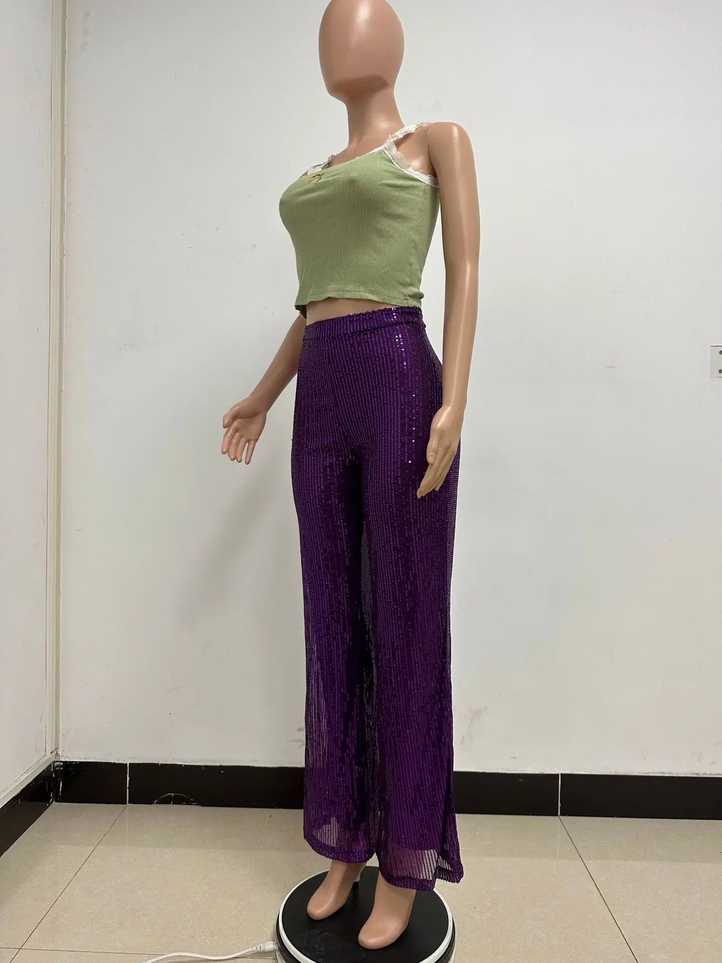 Women High Waist Sequin Sparkle Flared Pants Casual Loose Wide Leg Bell Bottom Trousers Glitter Bling Clubwear Party Shiny Pants