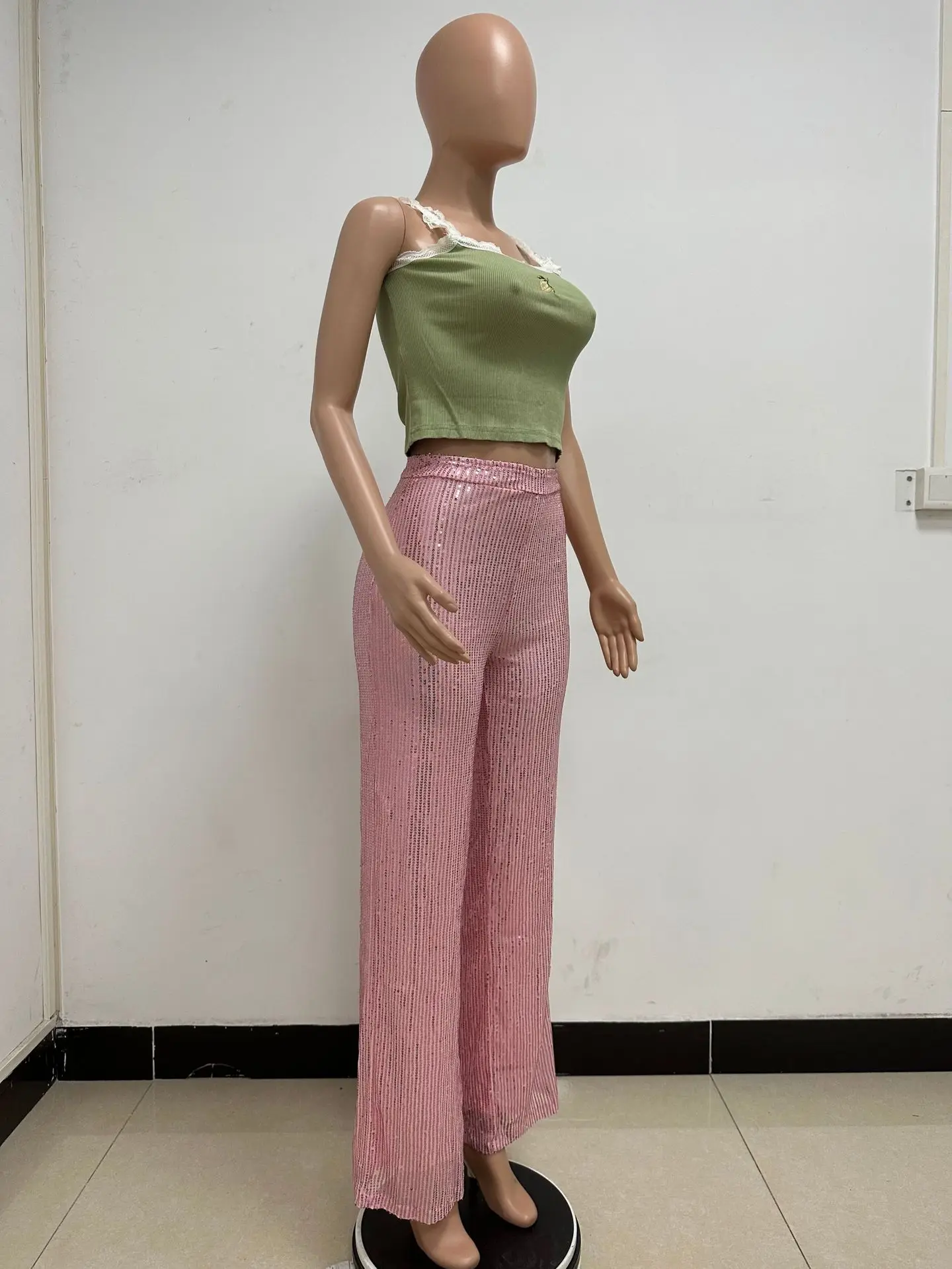 Women High Waist Sequin Sparkle Flared Pants Casual Loose Wide Leg Bell Bottom Trousers Glitter Bling Clubwear Party Shiny Pants
