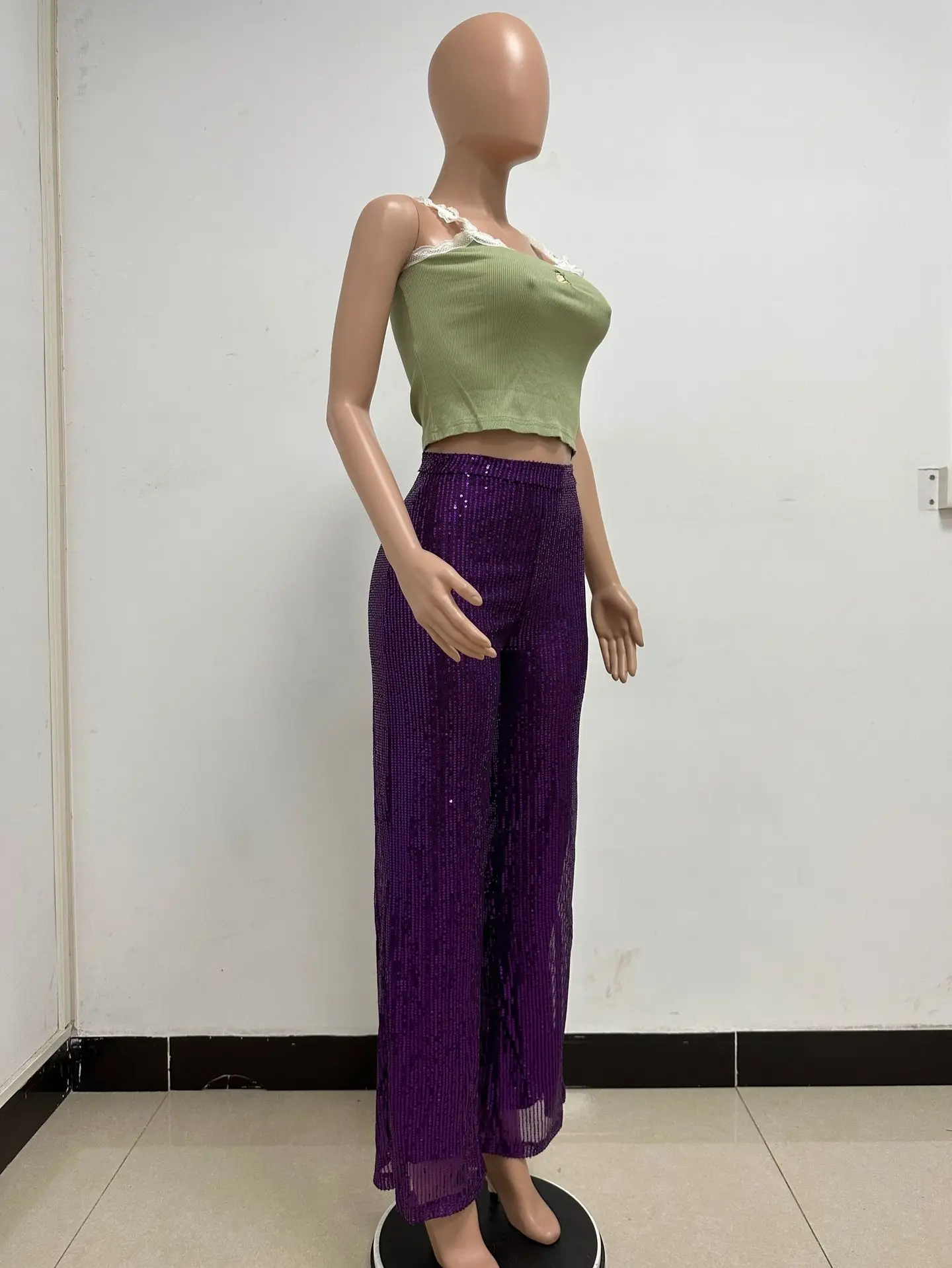 Women High Waist Sequin Sparkle Flared Pants Casual Loose Wide Leg Bell Bottom Trousers Glitter Bling Clubwear Party Shiny Pants