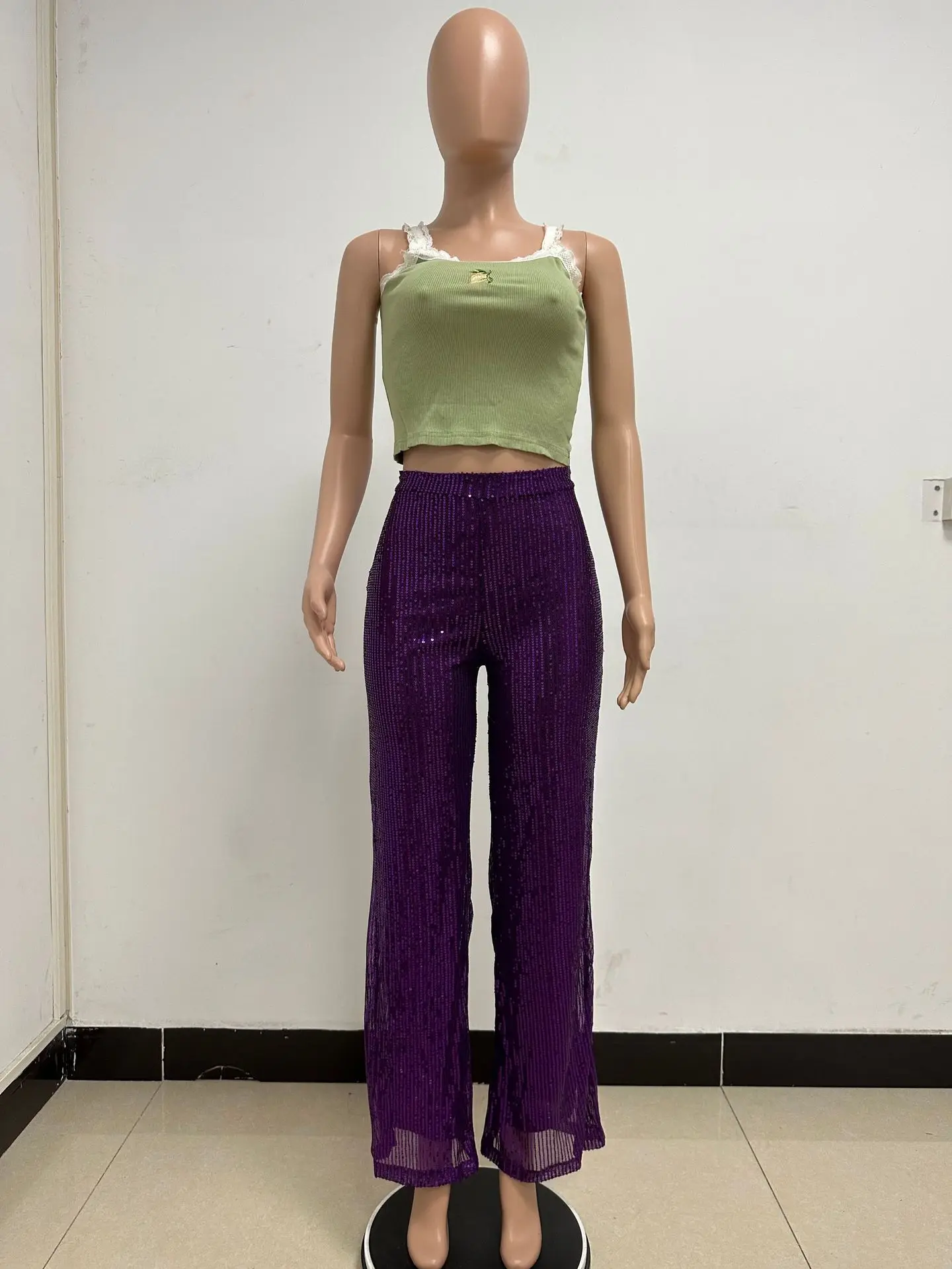 Women High Waist Sequin Sparkle Flared Pants Casual Loose Wide Leg Bell Bottom Trousers Glitter Bling Clubwear Party Shiny Pants
