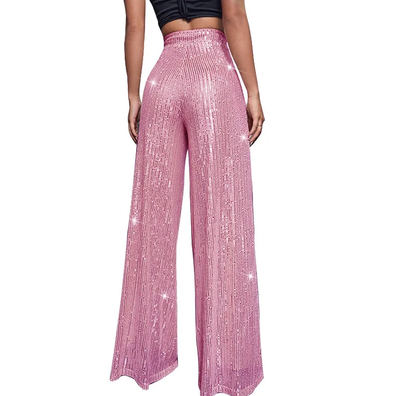 Women High Waist Sequin Sparkle Flared Pants Casual Loose Wide Leg Bell Bottom Trousers Glitter Bling Clubwear Party Shiny Pants
