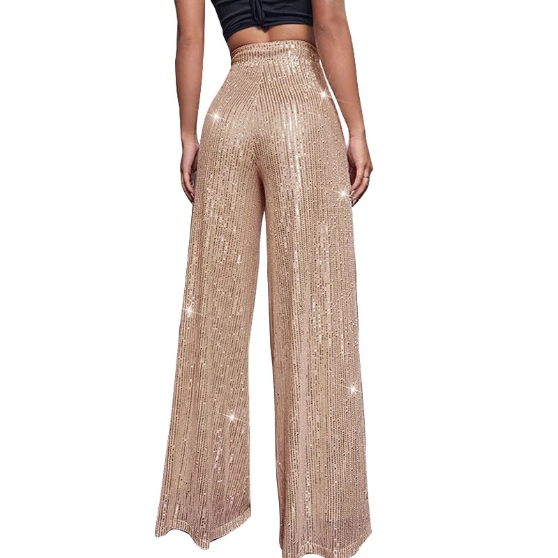 Women High Waist Sequin Sparkle Flared Pants Casual Loose Wide Leg Bell Bottom Trousers Glitter Bling Clubwear Party Shiny Pants