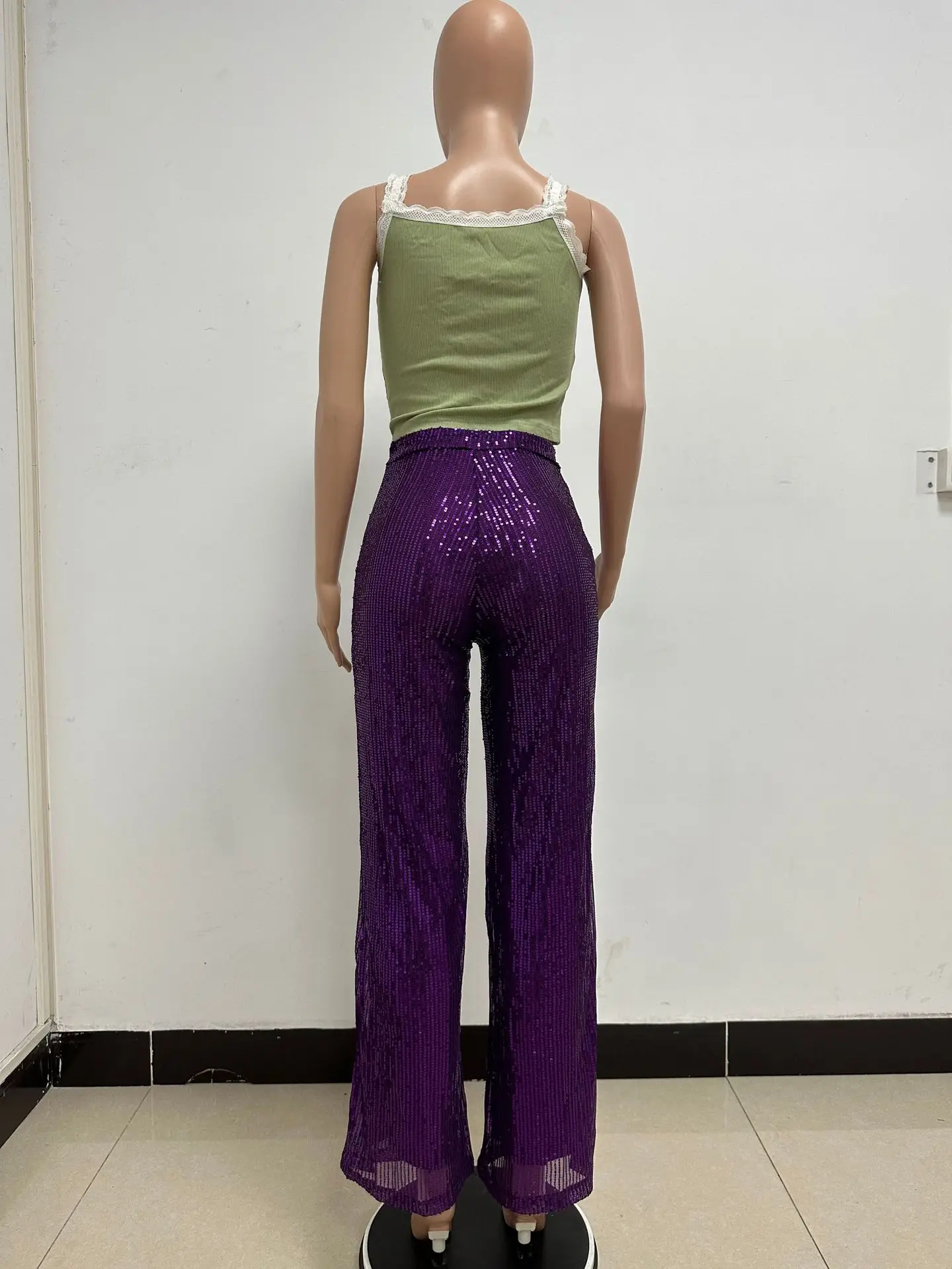 Women High Waist Sequin Sparkle Flared Pants Casual Loose Wide Leg Bell Bottom Trousers Glitter Bling Clubwear Party Shiny Pants
