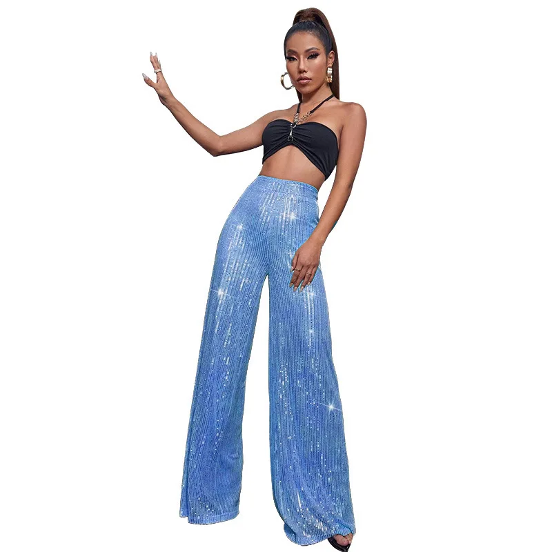 Women High Waist Sequin Sparkle Flared Pants Casual Loose Wide Leg Bell Bottom Trousers Glitter Bling Clubwear Party Shiny Pants