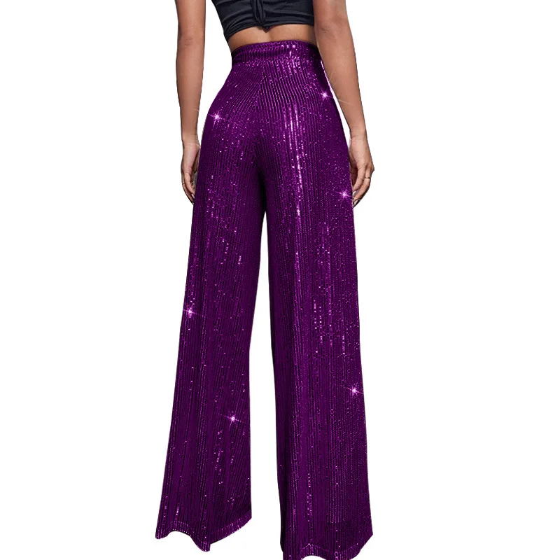 Women High Waist Sequin Sparkle Flared Pants Casual Loose Wide Leg Bell Bottom Trousers Glitter Bling Clubwear Party Shiny Pants