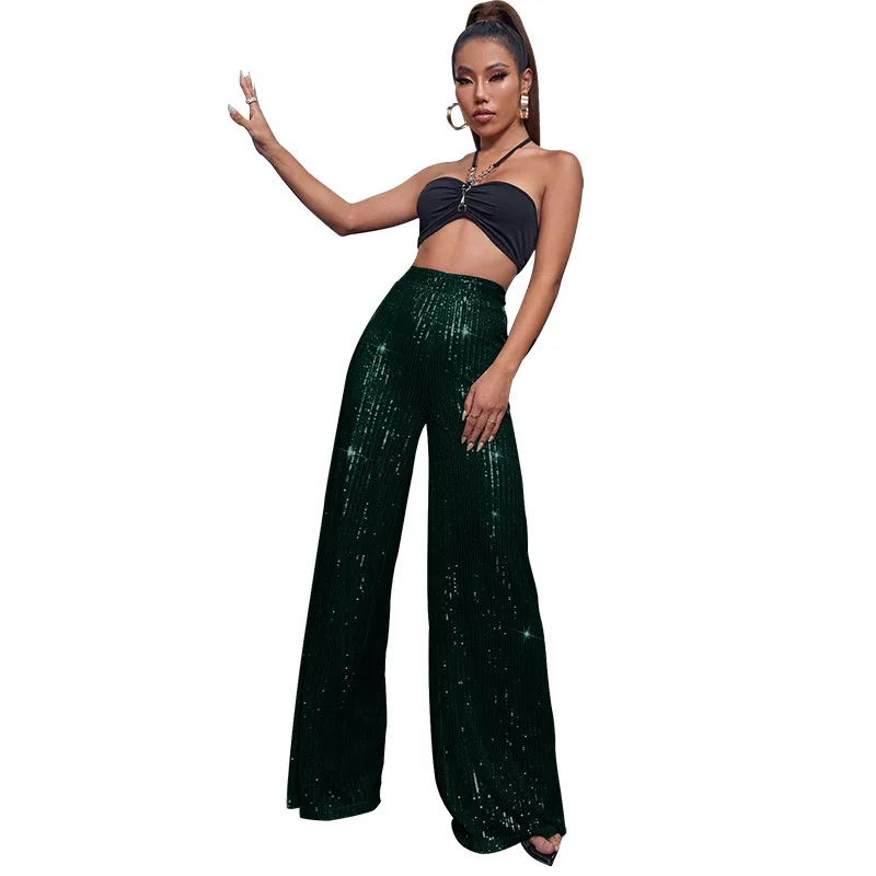 Women High Waist Sequin Sparkle Flared Pants Casual Loose Wide Leg Bell Bottom Trousers Glitter Bling Clubwear Party Shiny Pants
