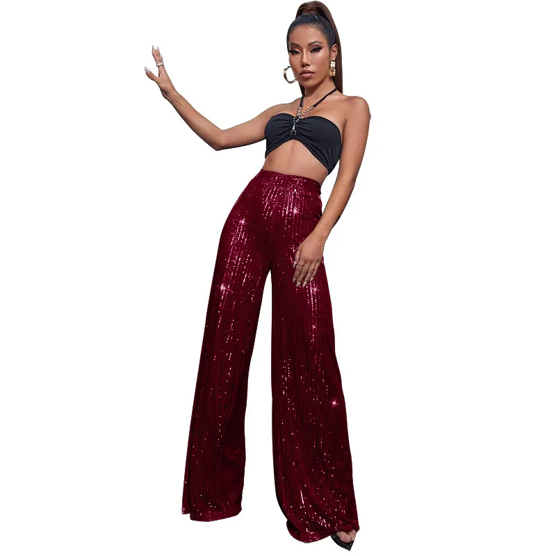 Women High Waist Sequin Sparkle Flared Pants Casual Loose Wide Leg Bell Bottom Trousers Glitter Bling Clubwear Party Shiny Pants